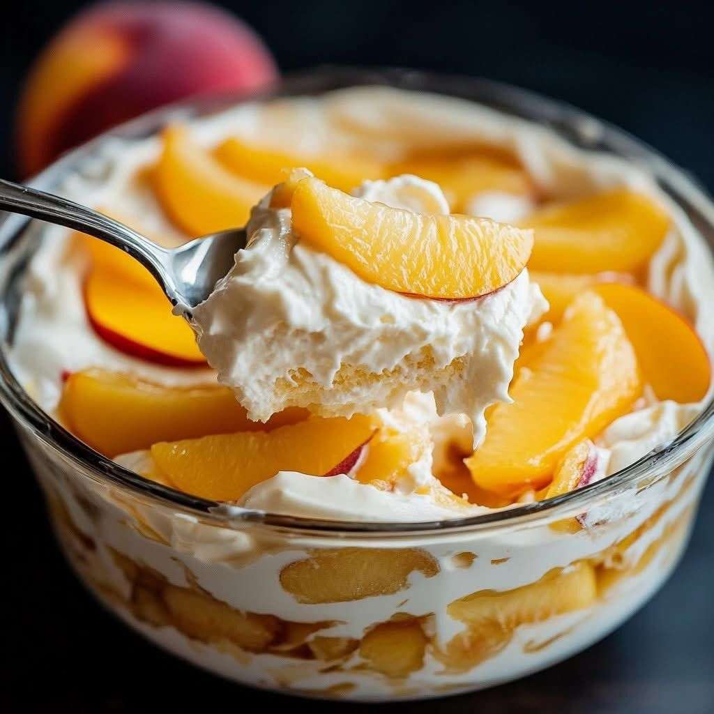 Dessert Carlota à la pêche dans un plat transparent, décoré de tranches de pêche et de feuilles de menthe.