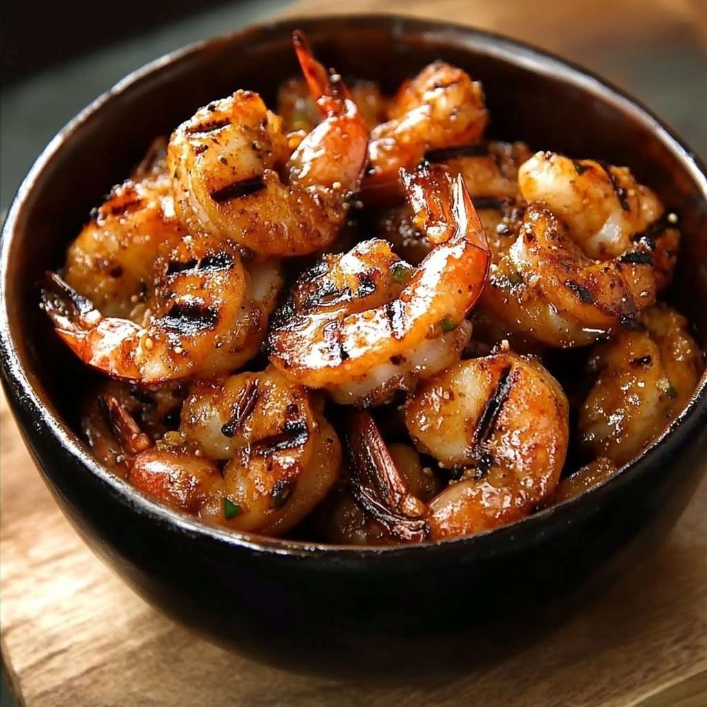 Crevettes sautées caramélisées au miel et épices, servies dans une assiette avec herbes fraîches.