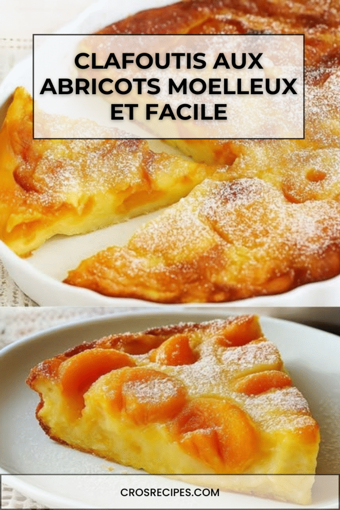 Clafoutis aux abricots doré dans un plat rustique, parsemé de sucre glace et d’amandes effilées.