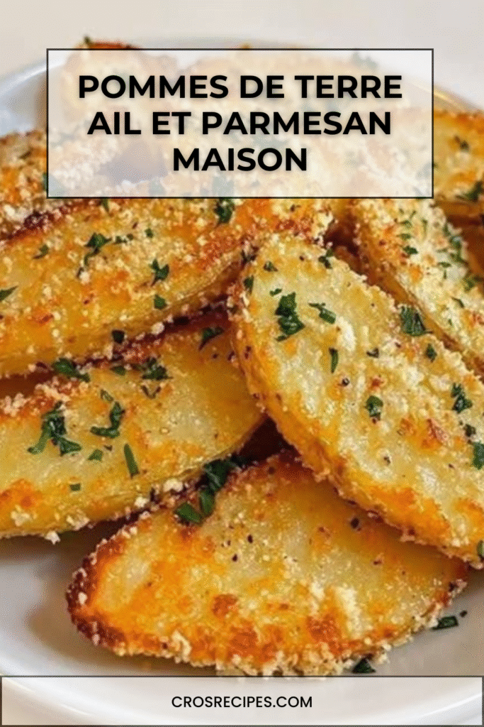 Pommes de terre rôties à l’ail et au parmesan, dorées, servies avec persil frais et sauce yaourt.