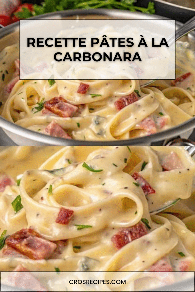 Assiette de pâtes à la carbonara, nappée de sauce crémeuse, pancetta dorée et parmesan râpé.