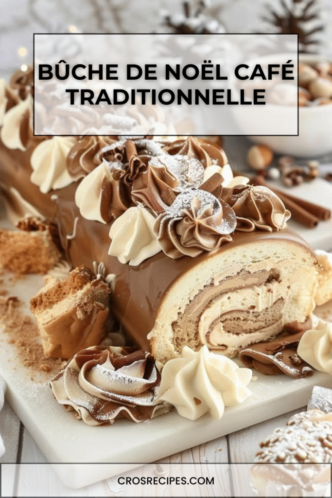 Bûche de Noël roulée au café, saupoudrée de cacao, décorée de grains de café et de sucre glace, sur une planche de bois festive.