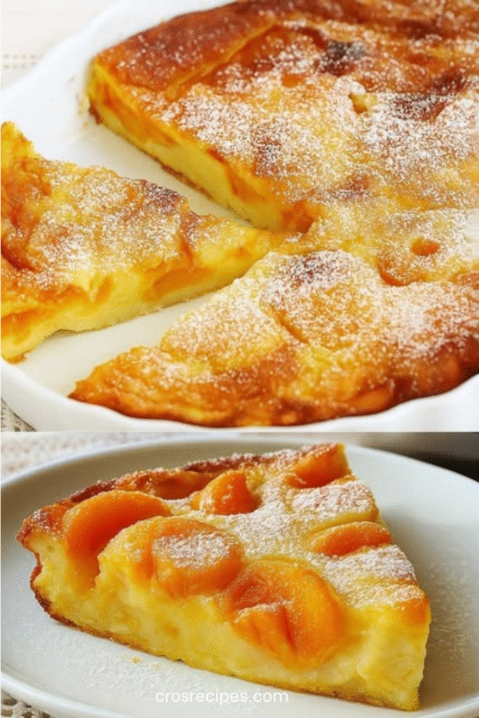Clafoutis aux abricots doré dans un plat rustique, parsemé de sucre glace et d’amandes effilées.