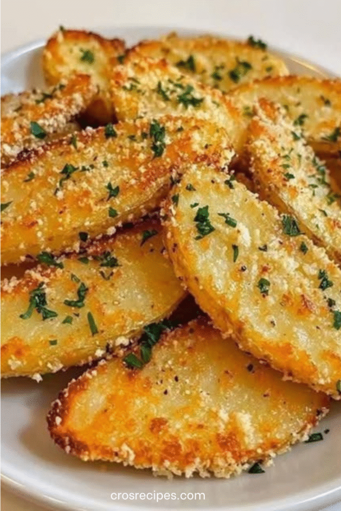 Pommes de terre rôties à l’ail et au parmesan, dorées, servies avec persil frais et sauce yaourt.