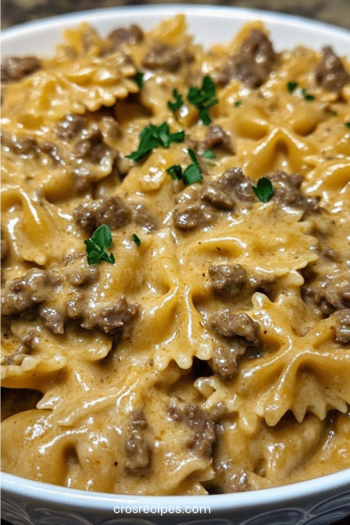 Assiette de pâtes papillon à la viande hachée, nappée de sauce crémeuse, parsemée de parmesan et de persil frais.