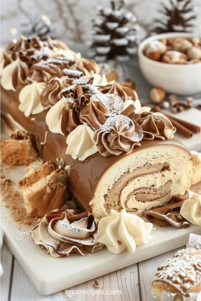 Bûche de Noël roulée au café, saupoudrée de cacao, décorée de grains de café et de sucre glace, sur une planche de bois festive.