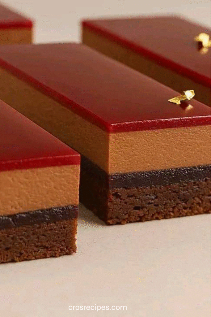 Entremet New York Chocolat Framboise en tranches, superposé de couches nettes, glaçage brillant et framboises fraîches.

