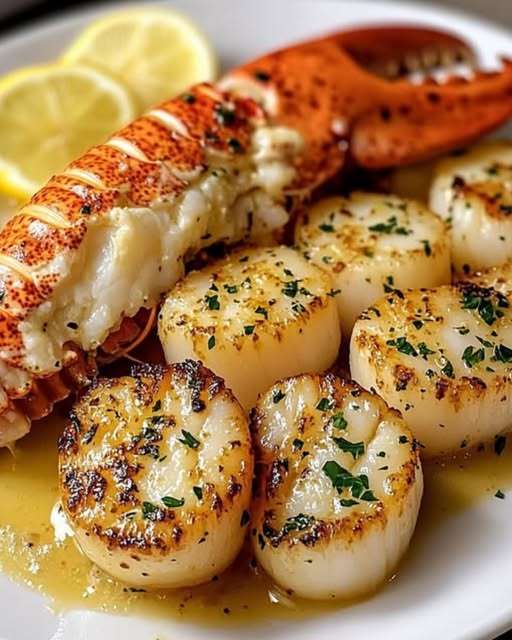 Assiette de homard grillé au beurre à l’ail et noix de Saint-Jacques dorées, servies avec quartiers de citron et persil frais.