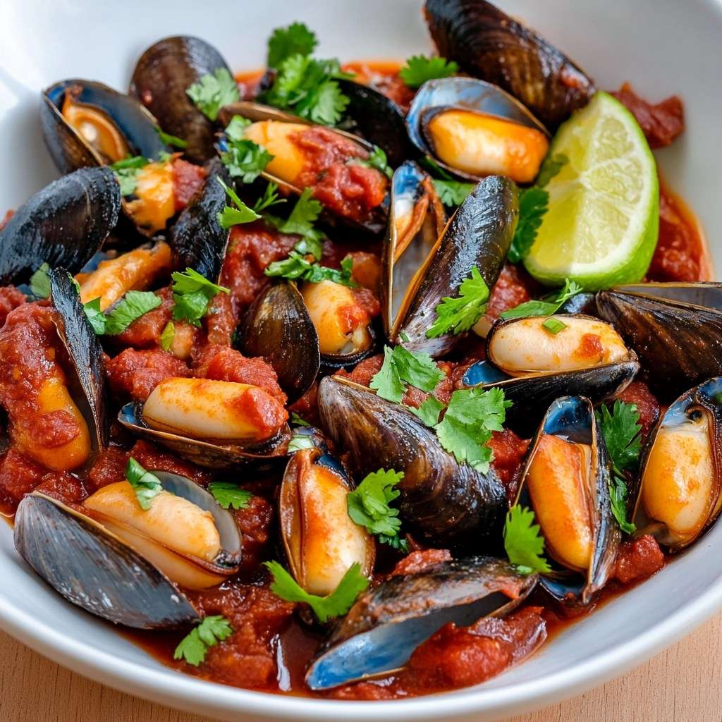 Moules au paprika fumé et citron vert servies avec sauce tomate et coriandre fraîche