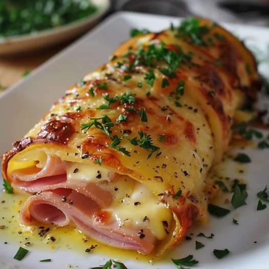 Roulé de pommes de terre farci au jambon et fromage à raclette, gratiné au four et servi chaud avec persil frais.