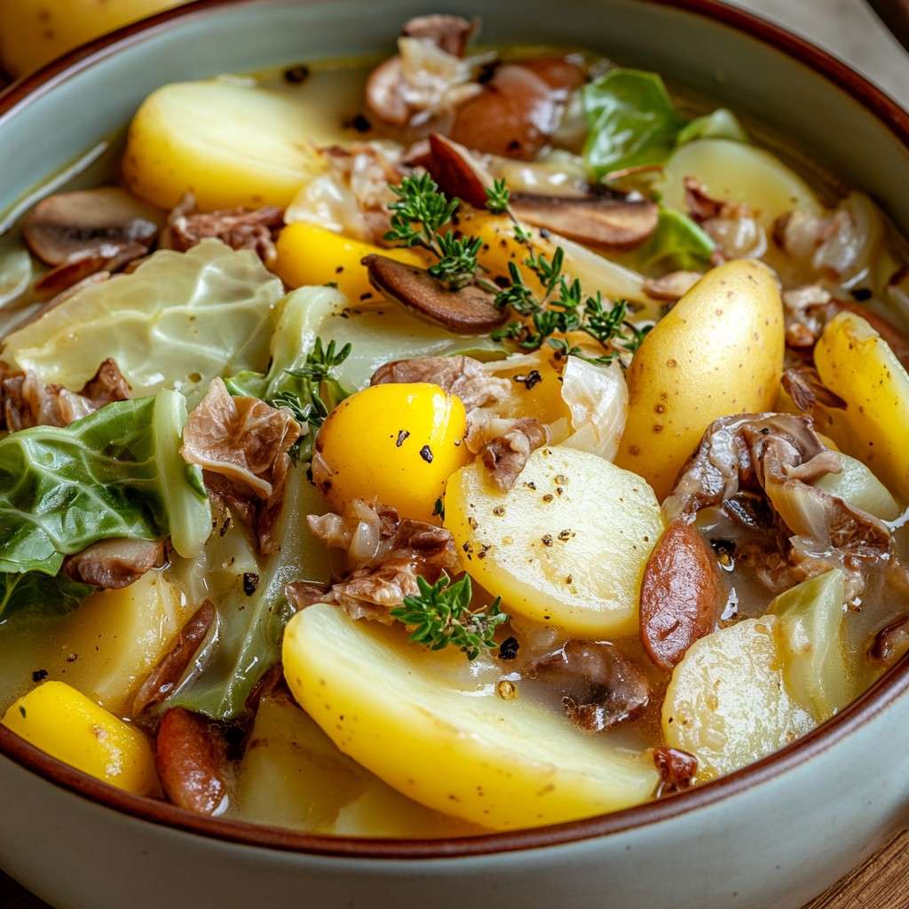 Potée aux légumes d’hiver servie dans une assiette creuse fumante