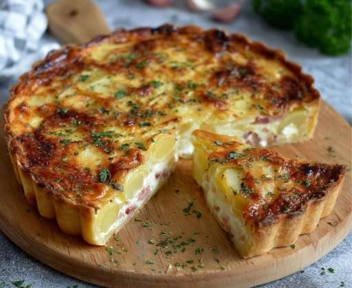 Quiche montagnarde dorée au fromage à raclette, servie chaude avec salade verte.