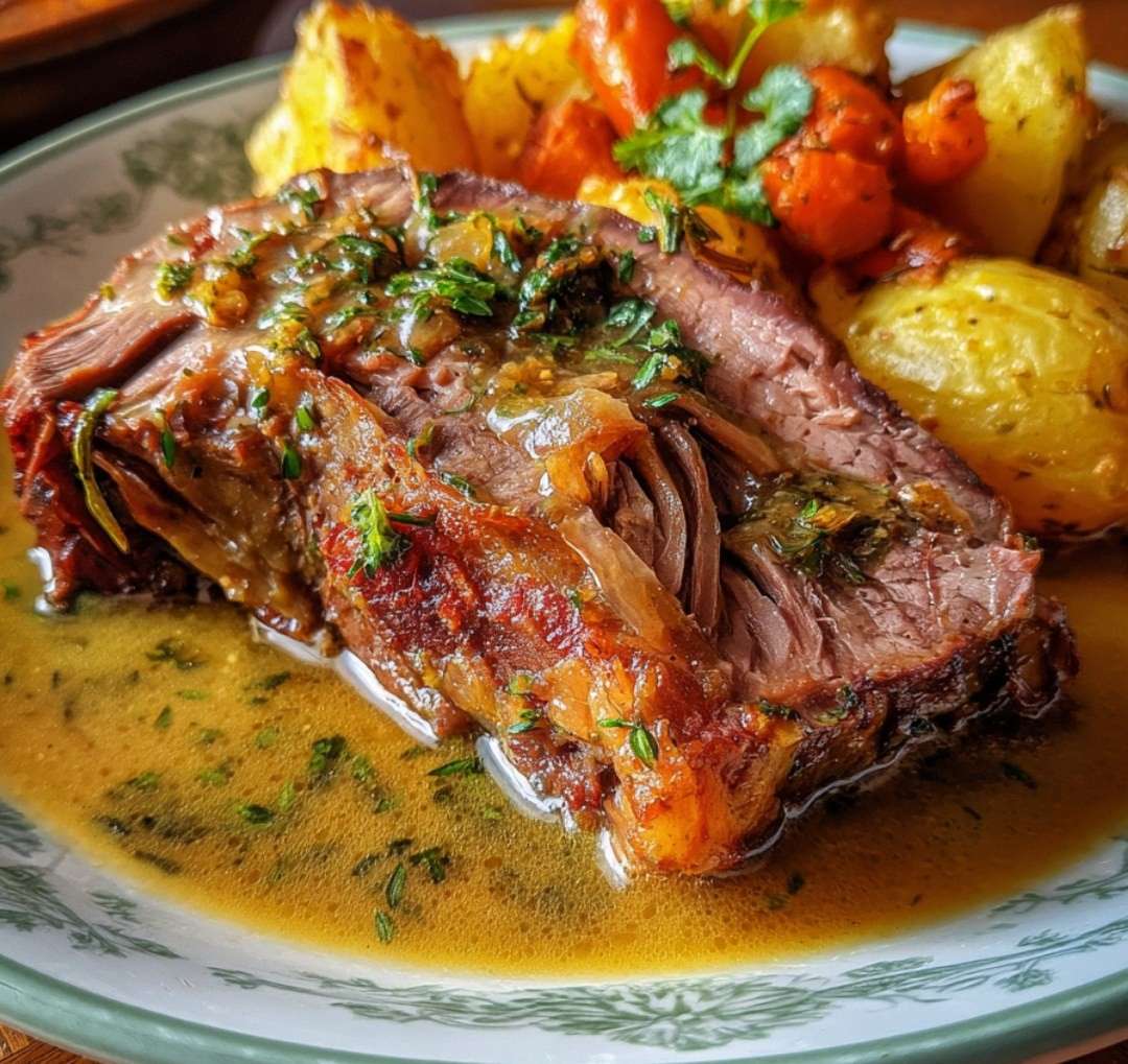 Épaule d’agneau confite à l’ail, miel et moutarde avec croûte caramélisée dorée