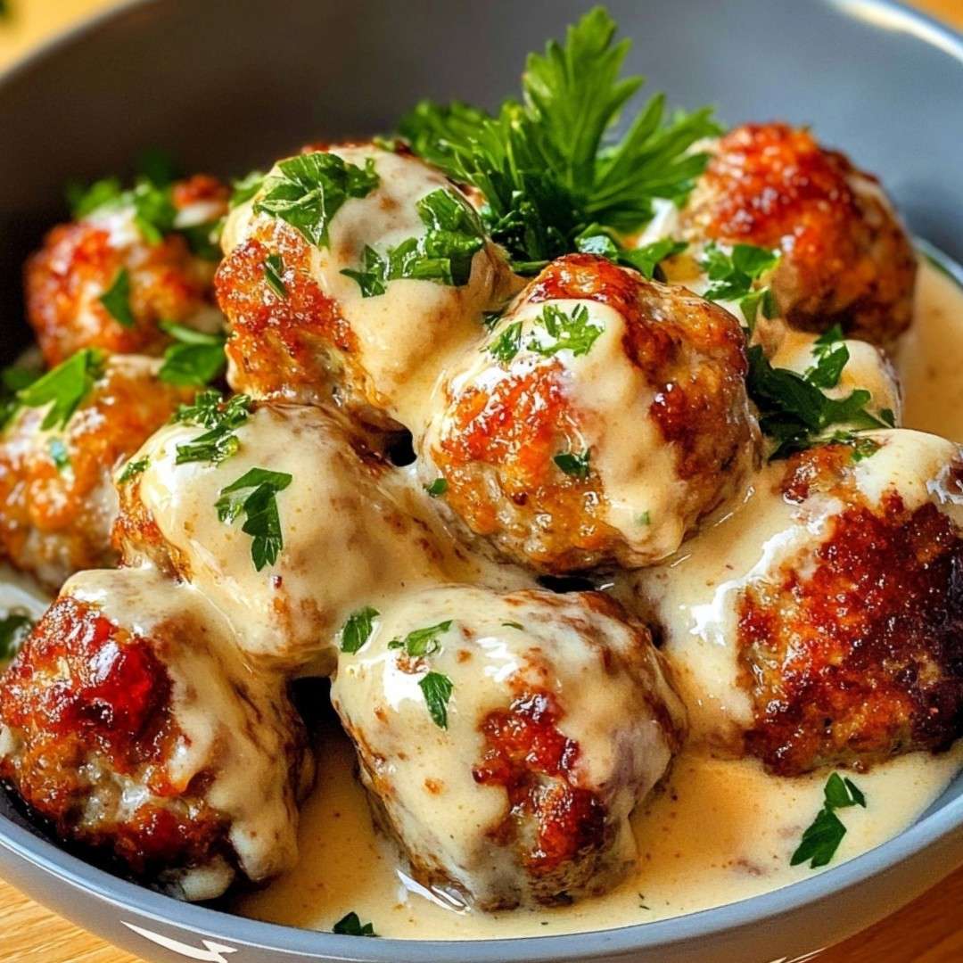 Boulettes suédoises à la crème servies dans une poêle avec sauce onctueuse