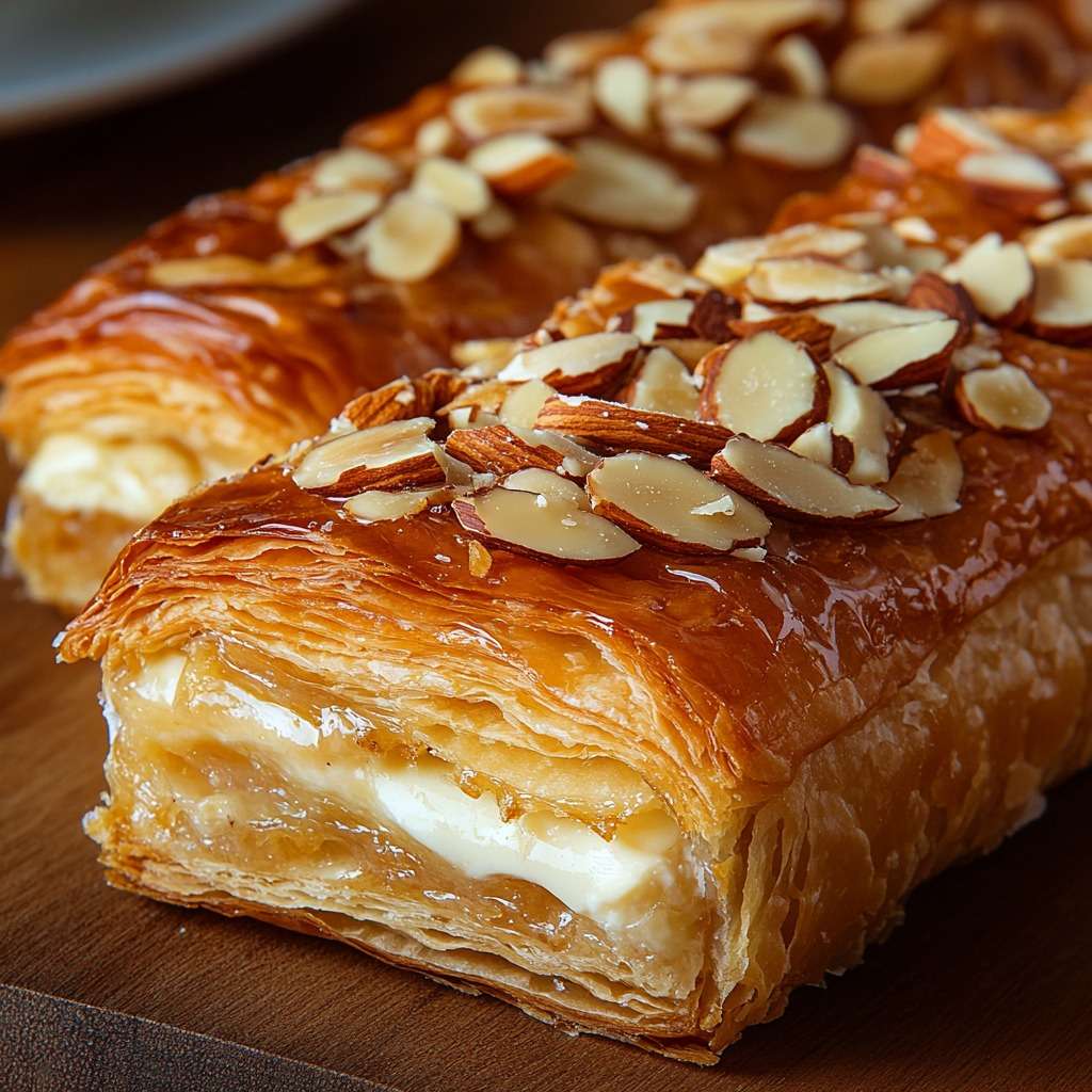 Feuilleté aux amandes et crème pâtissière surmonté de sucre glace