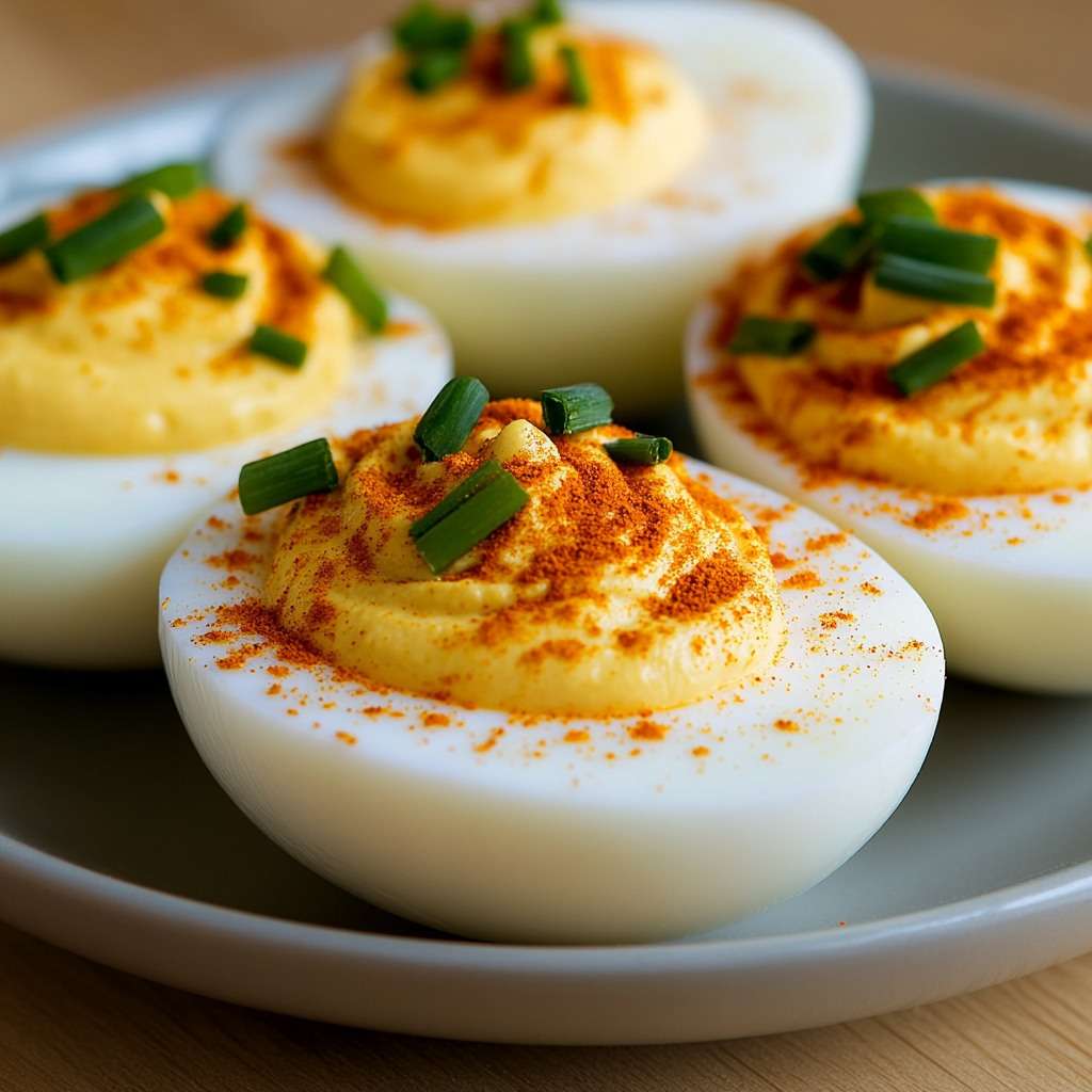 demi‑œufs farcis à la crème jaune, saupoudrés de paprika et ciboulette