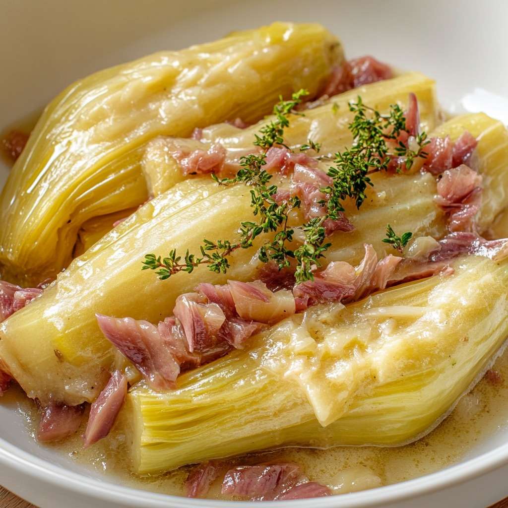 Endives braisées au jambon et vin blanc servies chaudes dans une cocotte