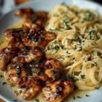 assiette de poulet au beurre citronné et linguines crémeuses au parmesan