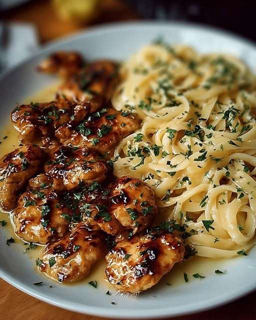 assiette de poulet au beurre citronné et linguines crémeuses au parmesan