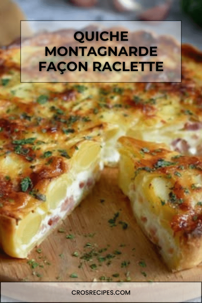 Quiche montagnarde dorée au fromage à raclette, servie chaude avec salade verte.