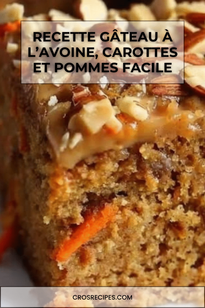 Tranche de gâteau à l’avoine, carottes et pommes, moelleux et doré, avec noix croquantes sur le dessus.
