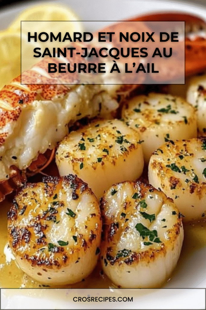Assiette de homard grillé au beurre à l’ail et noix de Saint-Jacques dorées, servies avec quartiers de citron et persil frais.