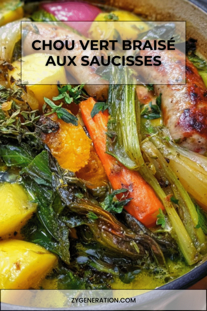 Chou vert braisé aux saucisses fumées et légumes mijotés dans une cocotte