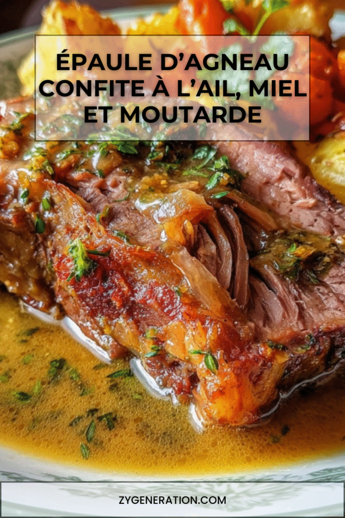 Épaule d’agneau confite à l’ail, miel et moutarde avec croûte caramélisée dorée