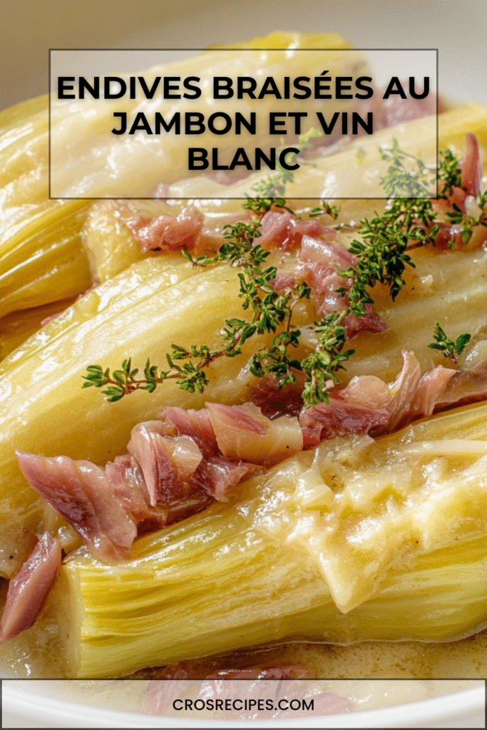 Endives braisées au jambon et vin blanc servies chaudes dans une cocotte