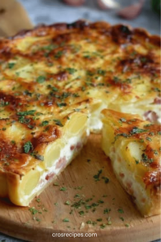 Quiche montagnarde dorée au fromage à raclette, servie chaude avec salade verte.