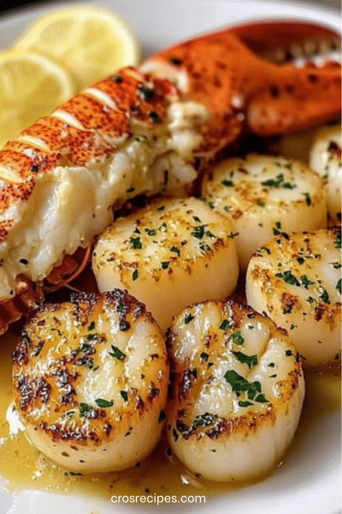 Assiette de homard grillé au beurre à l’ail et noix de Saint-Jacques dorées, servies avec quartiers de citron et persil frais.