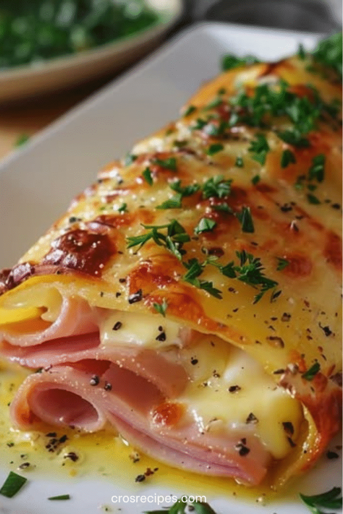 Roulé de pommes de terre farci au jambon et fromage à raclette, gratiné au four et servi chaud avec persil frais.
