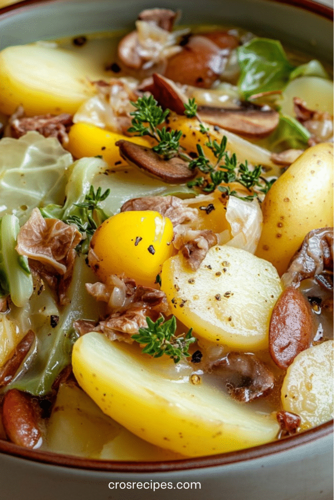 Potée aux légumes d’hiver servie dans une assiette creuse fumante