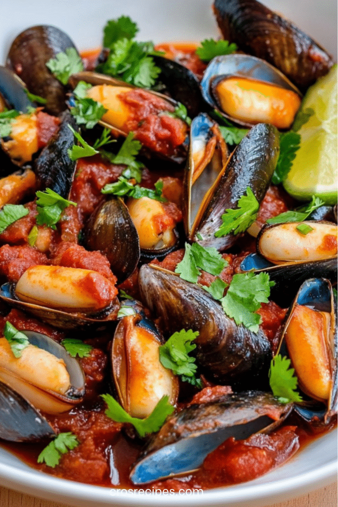 Moules au paprika fumé et citron vert servies avec sauce tomate et coriandre fraîche