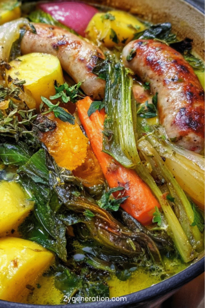 Chou vert braisé aux saucisses fumées et légumes mijotés dans une cocotte