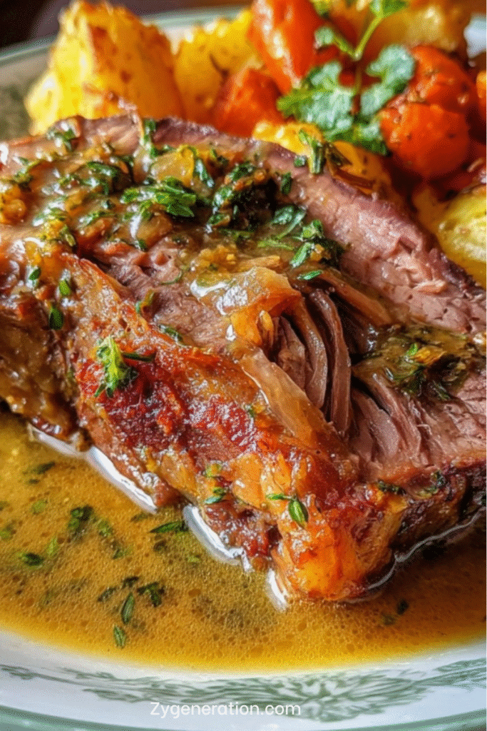 Épaule d’agneau confite à l’ail, miel et moutarde avec croûte caramélisée dorée