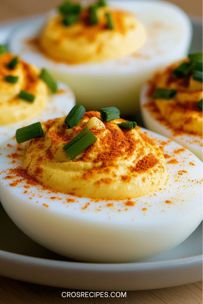 demi‑œufs farcis à la crème jaune, saupoudrés de paprika et ciboulette