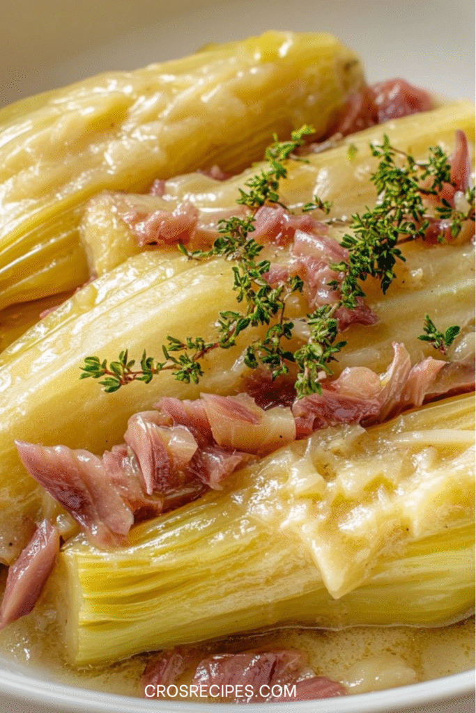 Endives braisées au jambon et vin blanc servies chaudes dans une cocotte