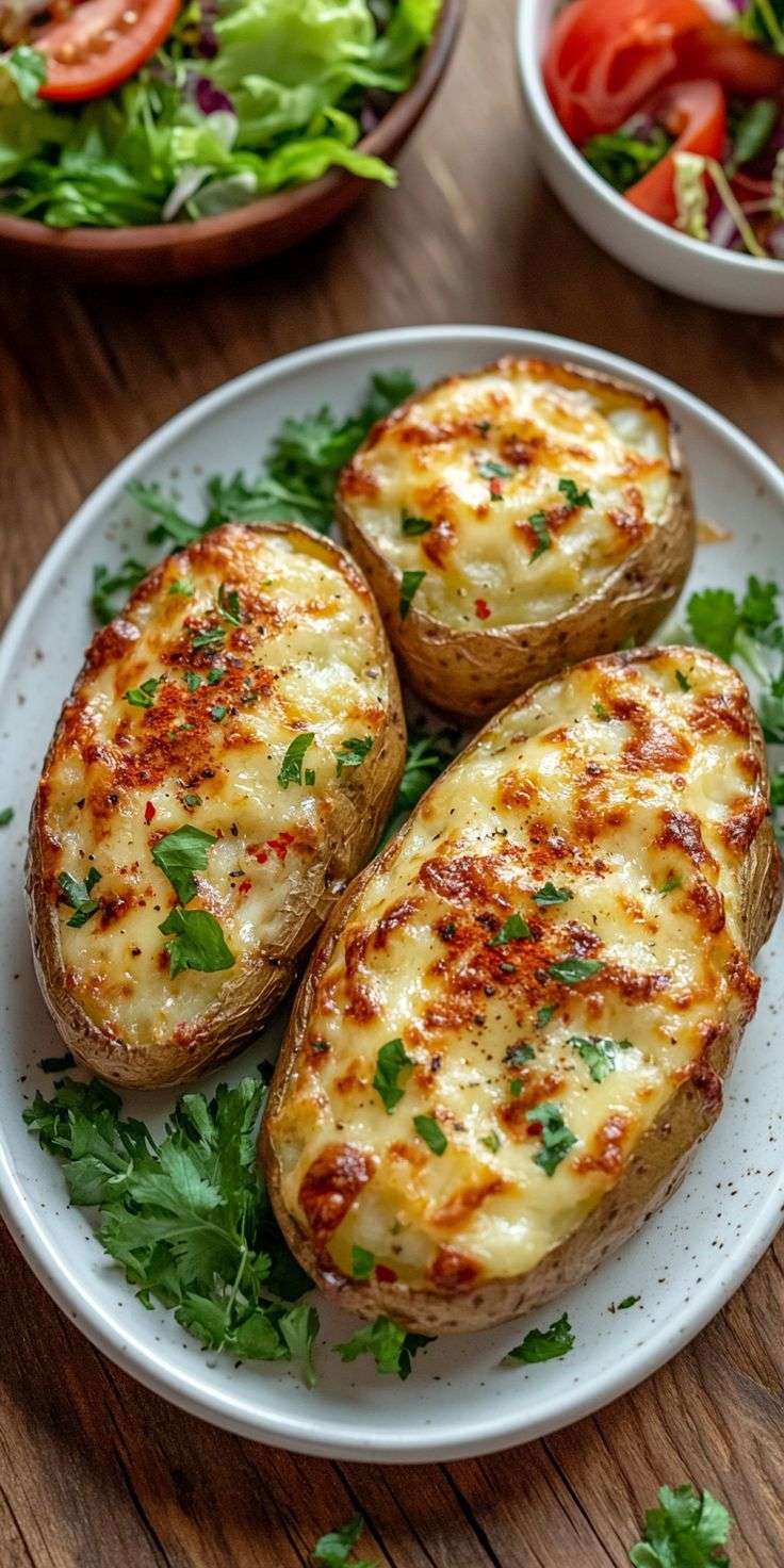 Pommes de terre farcies gratinées au fromage avec persil.