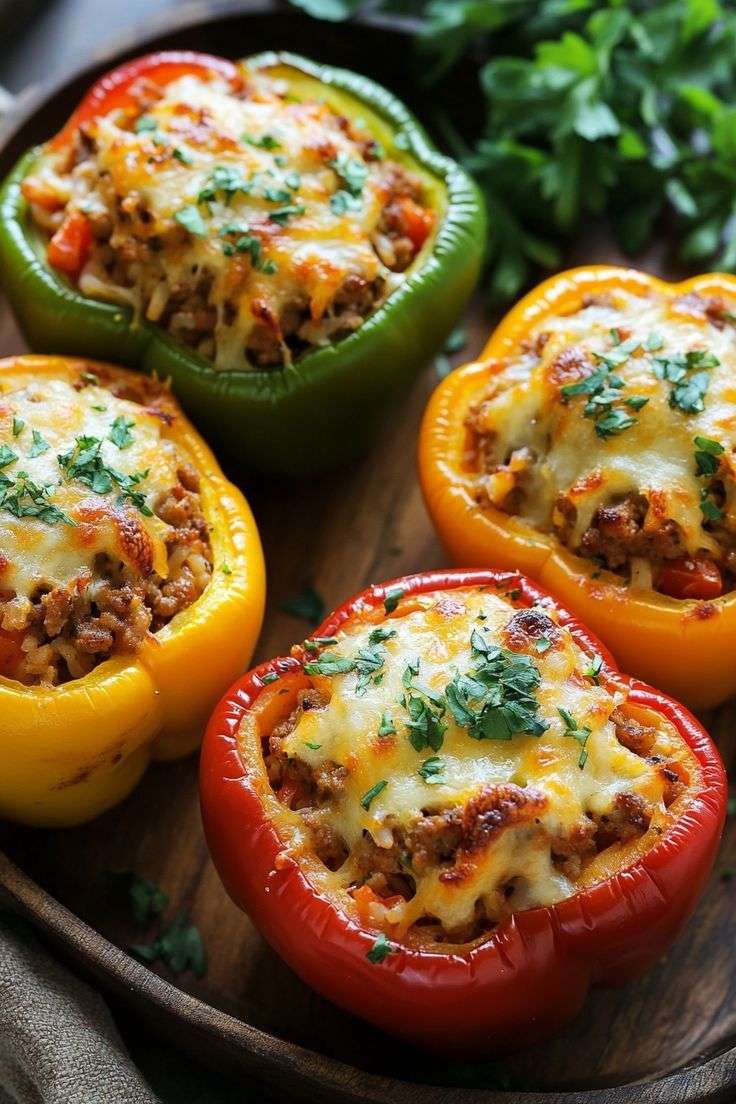 Poivrons farcis au bœuf et au riz, gratinés au fromage doré et garnis de persil frais dans un plat au four.