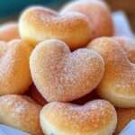 Beignets dorés en forme de cœur enrobés de sucre.