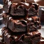 Carrés de brownies fondants au chocolat nappés de sauce chocolat.