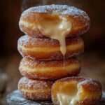 Donuts dorés et moelleux roulés dans du sucre à la cannelle et remplis de crème pâtissière vanillée.