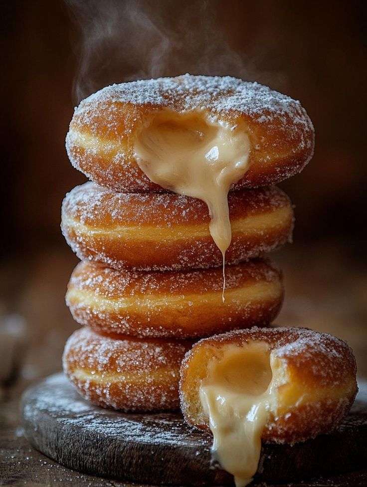 Donuts dorés et moelleux roulés dans du sucre à la cannelle et remplis de crème pâtissière vanillée.