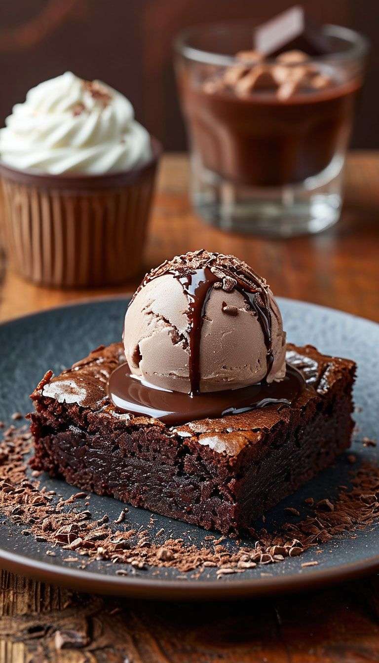 Brownie au chocolat fondant servi avec glace et sauce chocolat.