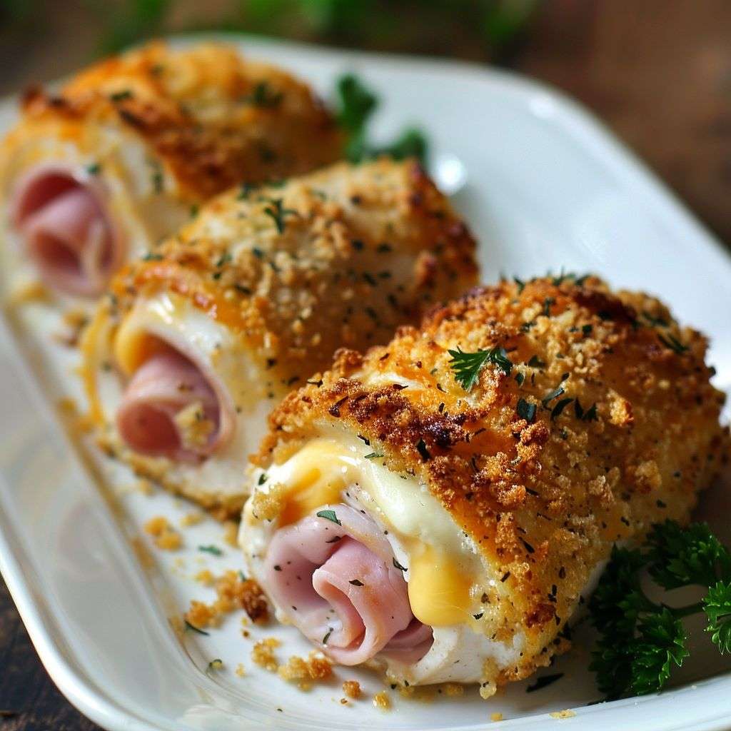 Roulés de poulet Cordon Bleu dorés et croustillants, tranchés pour révéler le fromage fondant et le jambon.