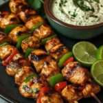 Brochettes de poulet façon souvlaki grec grillées, servies avec sauce tzatziki et quartiers de citron vert.