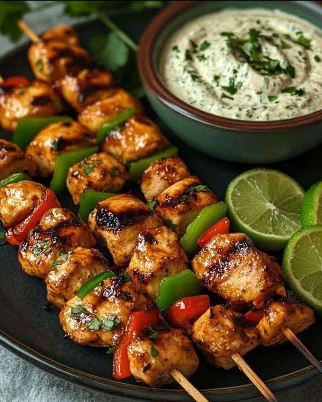 Brochettes de poulet façon souvlaki grec grillées, servies avec sauce tzatziki et quartiers de citron vert.