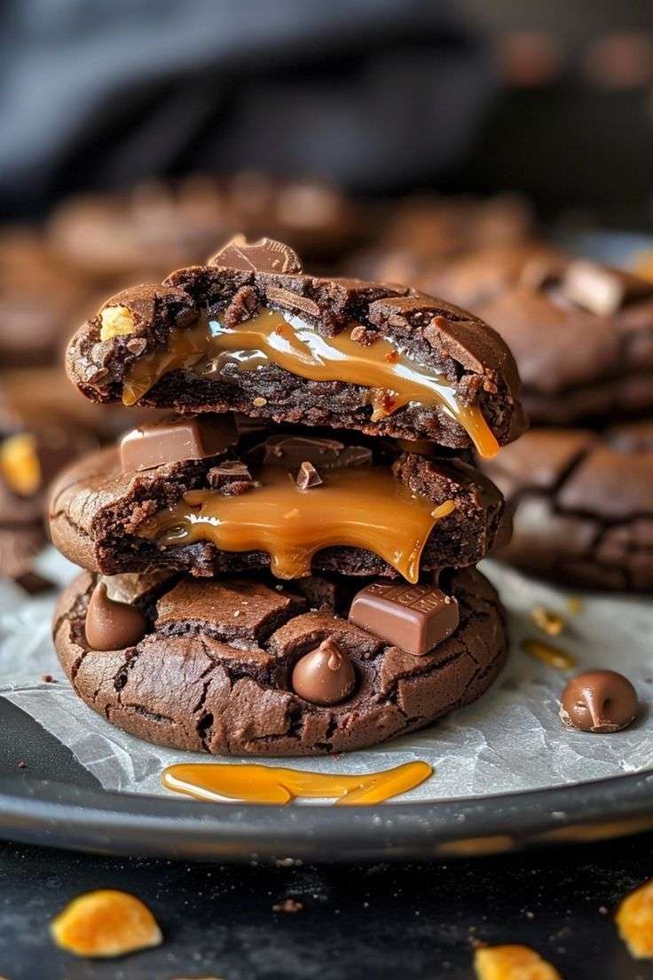 Cookies au chocolat ouverts montrant un cœur de caramel fondant.
