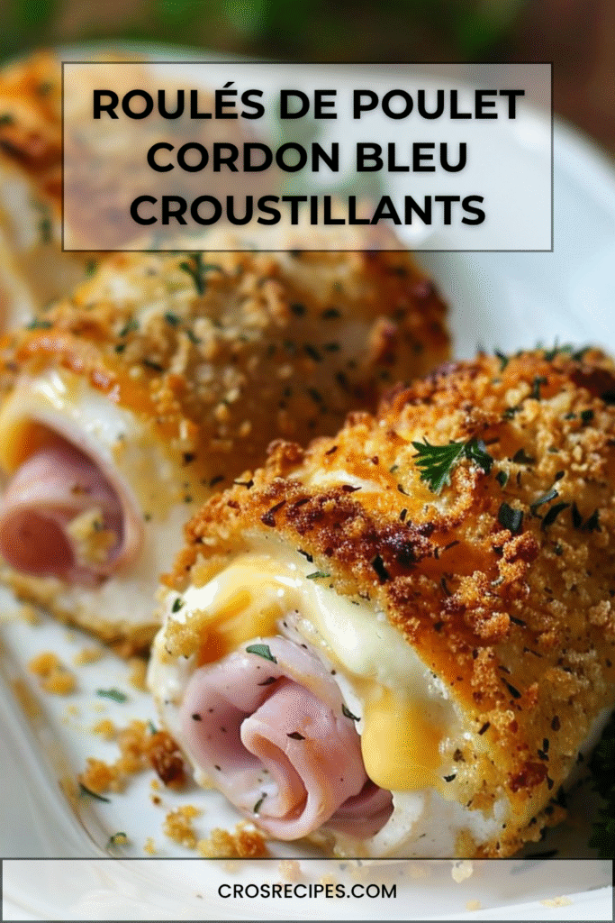 Roulés de poulet Cordon Bleu dorés et croustillants, tranchés pour révéler le fromage fondant et le jambon.